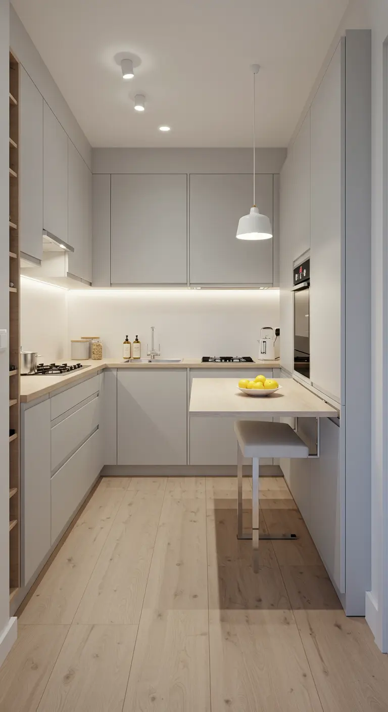Compacte, minimalistische keuken met een uitschuifbaar tafelblad en krukken.