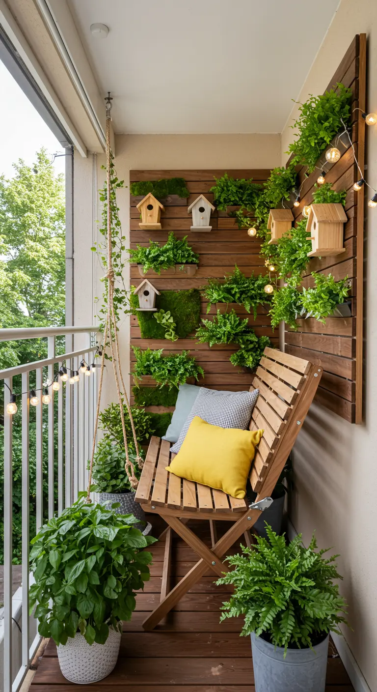 Houten opvouwbare stoel op balkon met houten plantenwand, vogelhuisjes en lichtslingers.