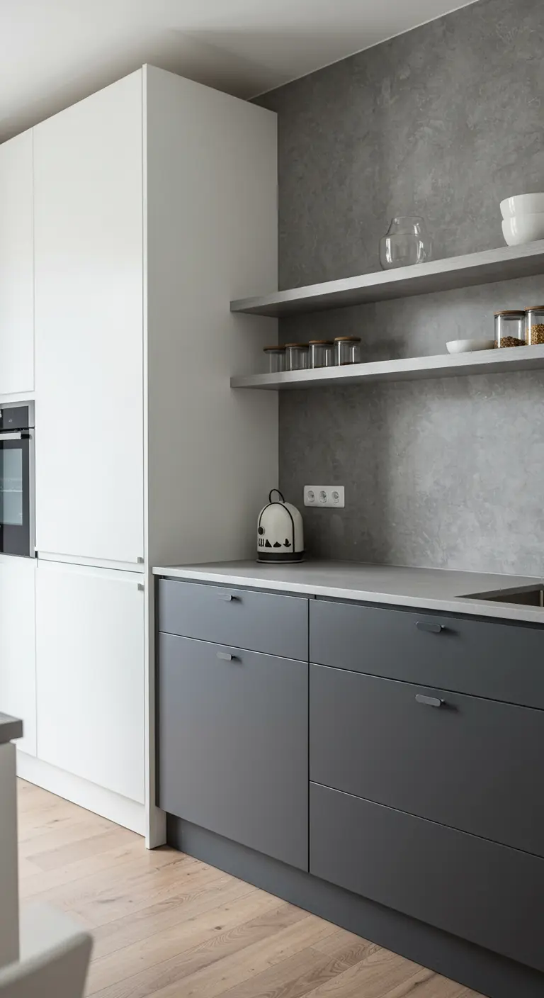 Moderne keuken met witte hoge kasten en een contrasterend donkergrijs gedeelte met open planken.