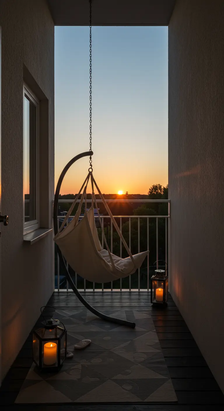 Hangstoel op een smal balkon, geflankeerd door lantaarns met kaarsen bij zonsondergang.