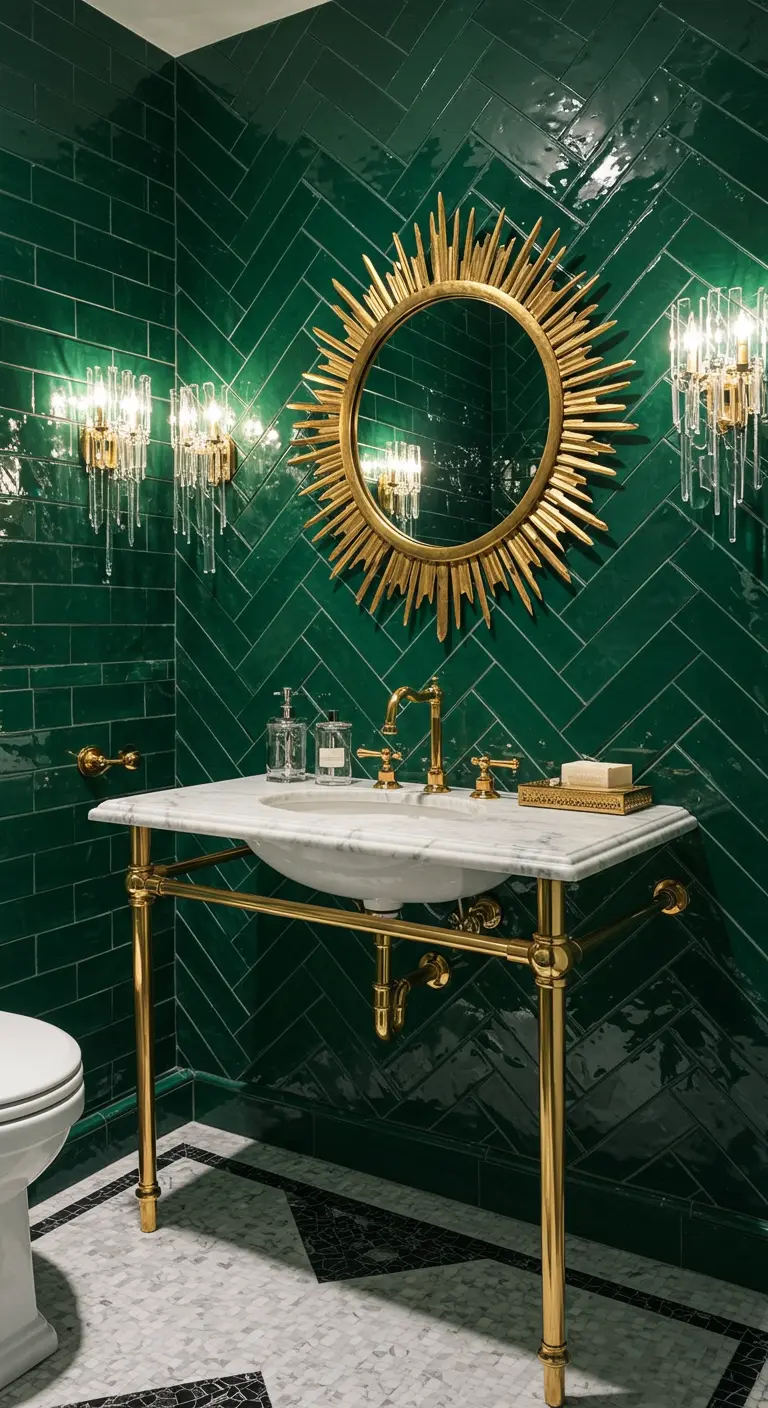 Smaragdgroene visgraattegels met gouden wastafelonderstel en zonnestraalspiegel.