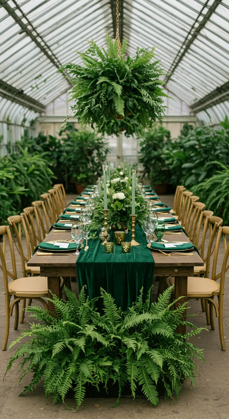 Lange houten tafel in een kas, gedecoreerd met een smaragdgroene loper, varens en gouden details.