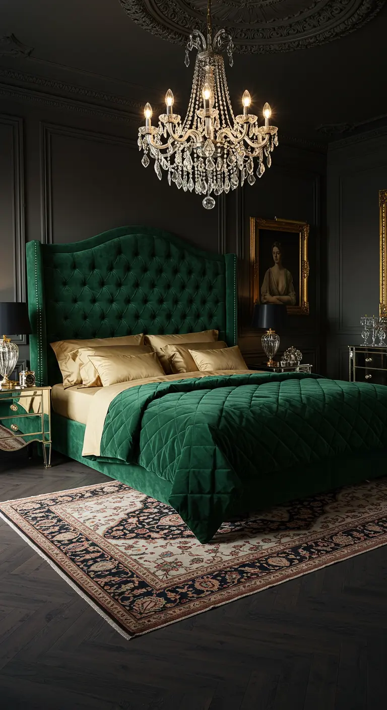 Luxe slaapkamer met een hoog, smaragdgroen fluwelen gecapitonneerd hoofdbord en een kristallen kroonluchter.