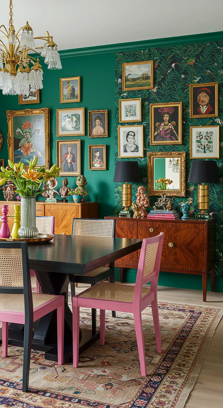 Eclectische eetkamer met smaragdgroene muren, een gallery wall en felroze stoelen.
