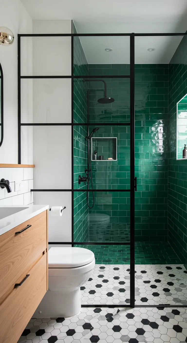 Badkamer met smaragdgroene metrotegels en een zwart stalen douchewand.
