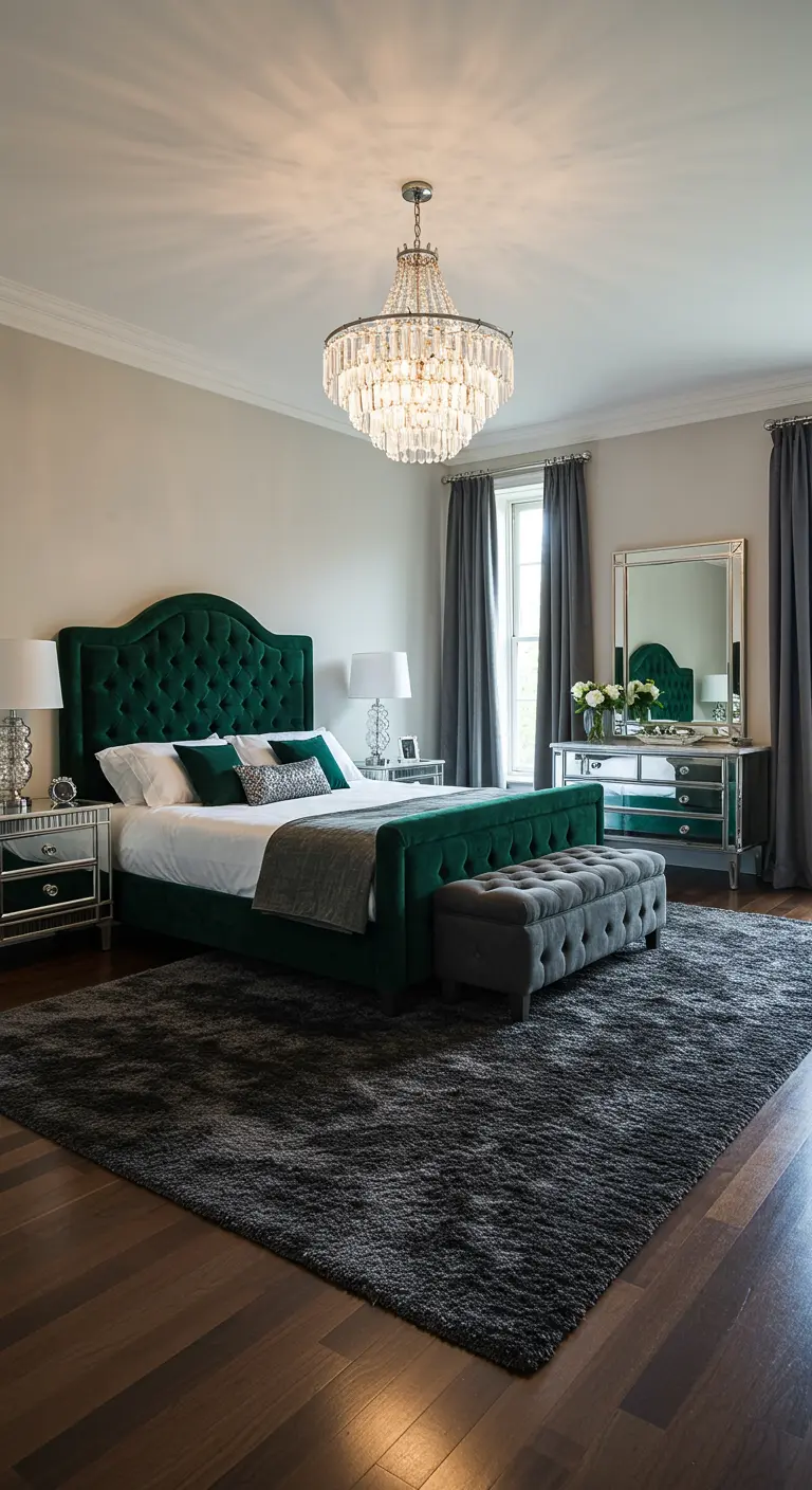 Slaapkamer met smaragdgroen fluwelen bed, spiegelende nachtkastjes en kristallen kroonluchter.