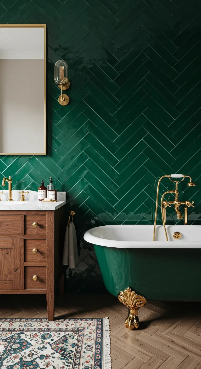 Luxe badkamer met smaragdgroene visgraattegels en een groen bad.
