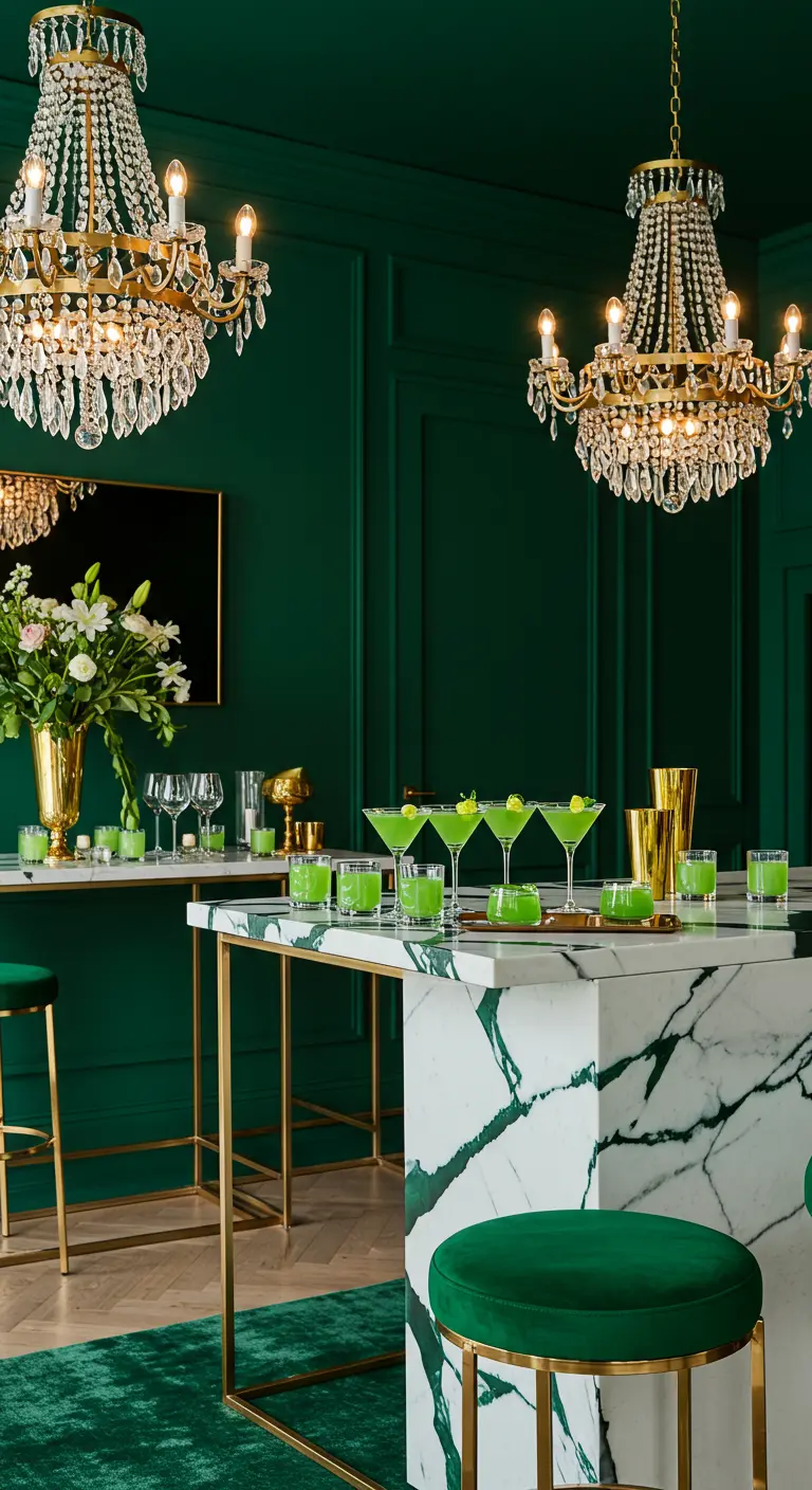 Smaragdgroene ruimte met kroonluchters, gouden details en een wit marmeren bar.