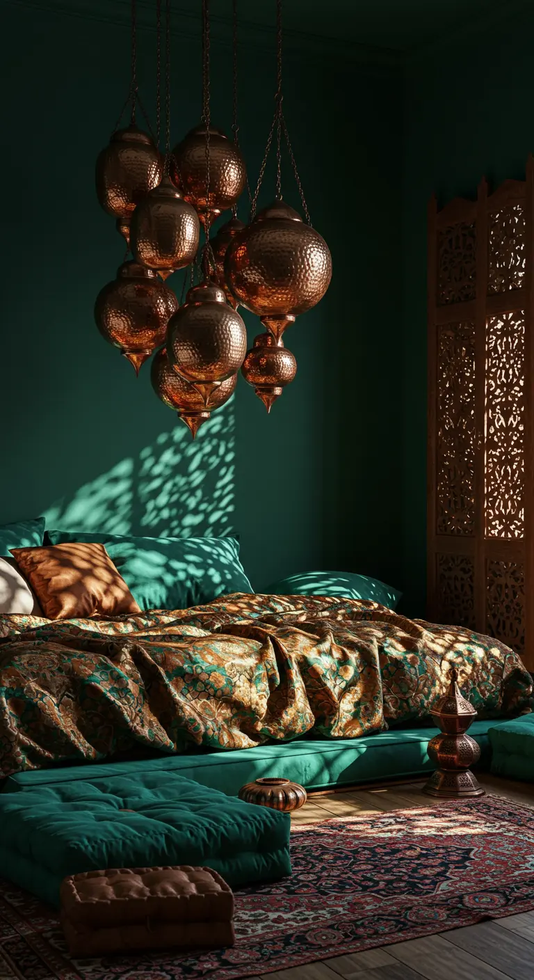 Smaragdgroene slaapkamer met een cluster van koperen lantaarns boven het bed.