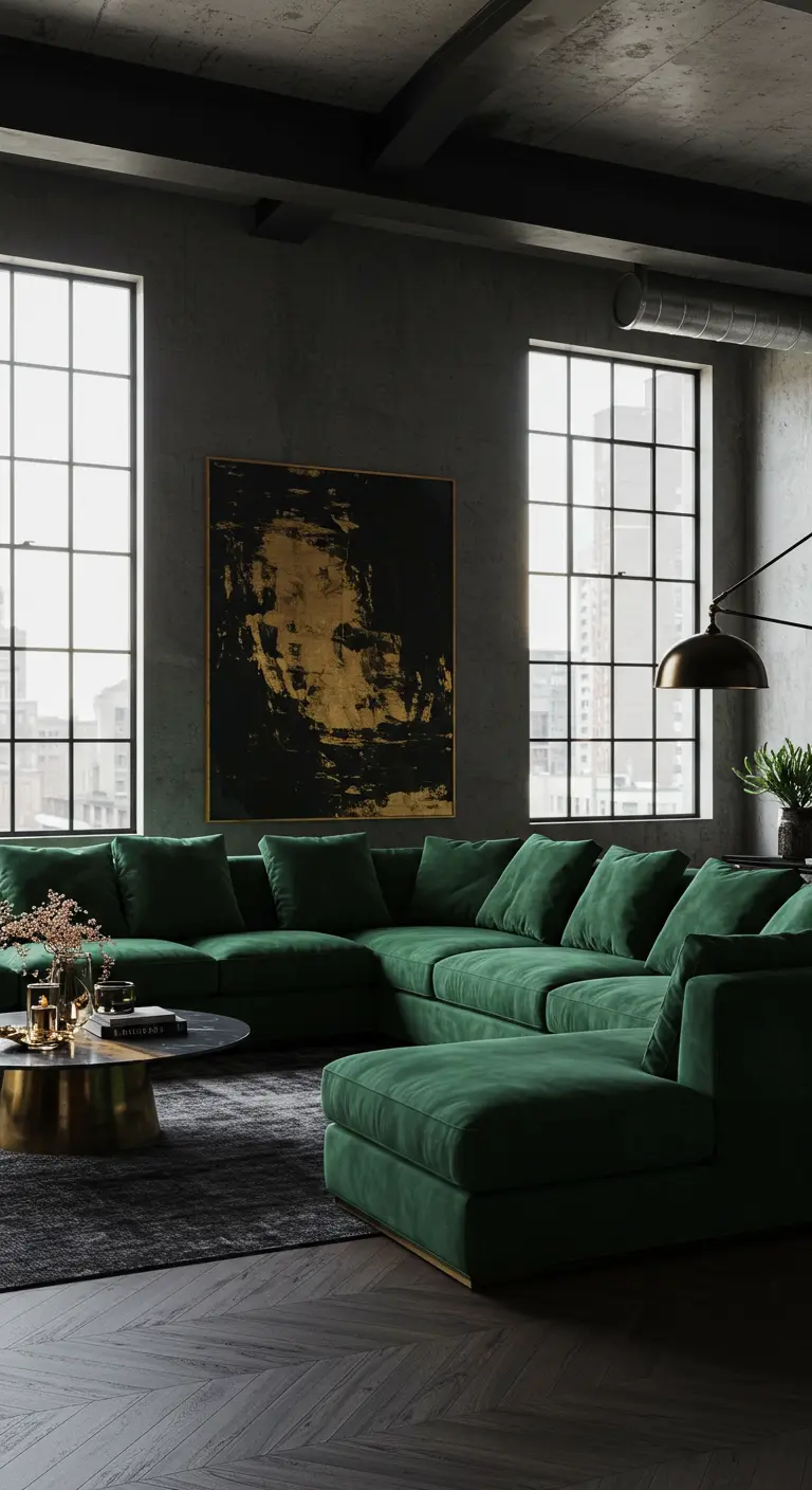 Luxe woonkamer met smaragdgroene fluwelen bank, industriële ramen en gouden accenten.