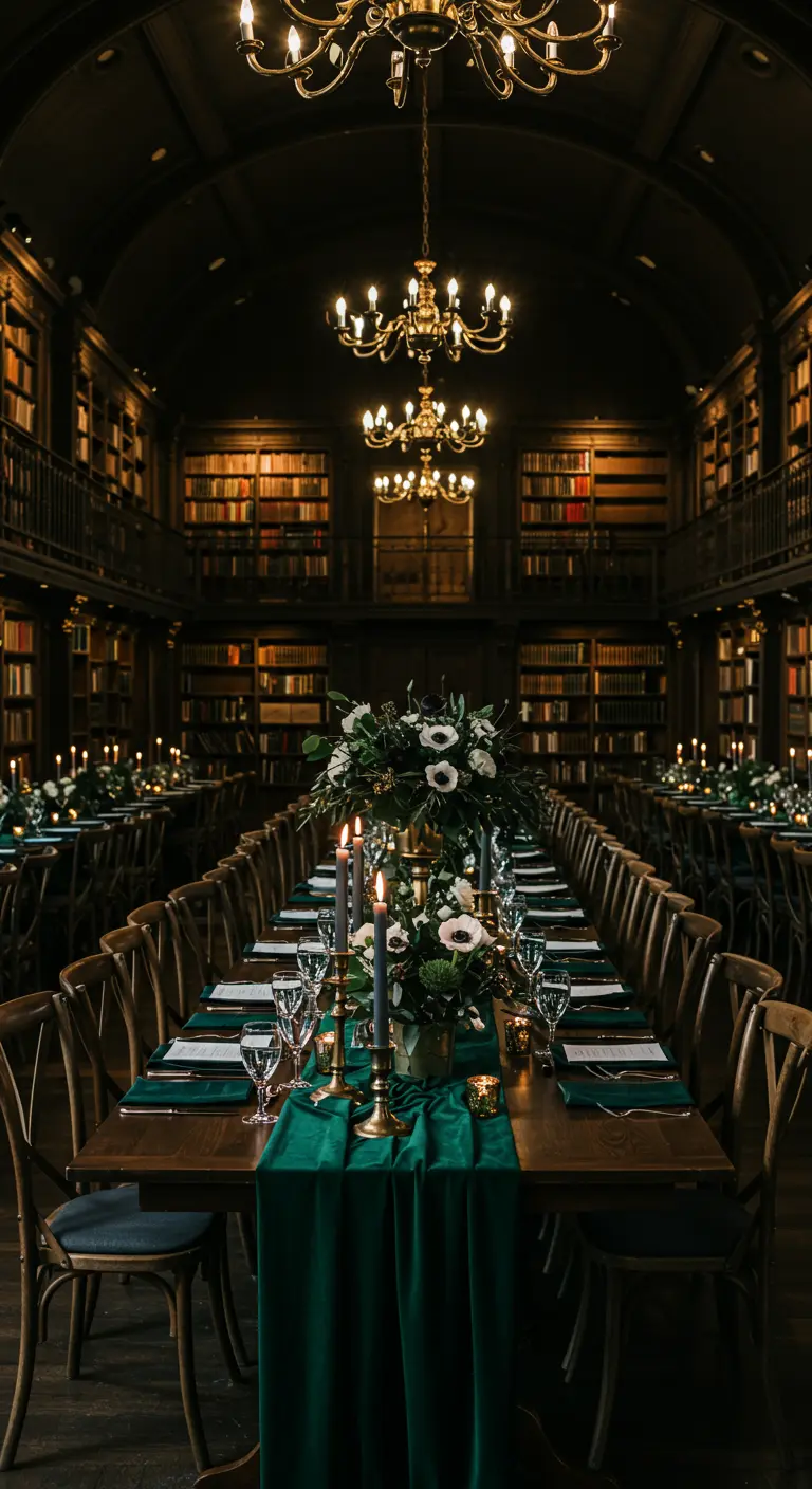 Lange, donkerhouten tafel in een bibliotheek, gedecoreerd met een smaragdgroene loper en witte bloemen.