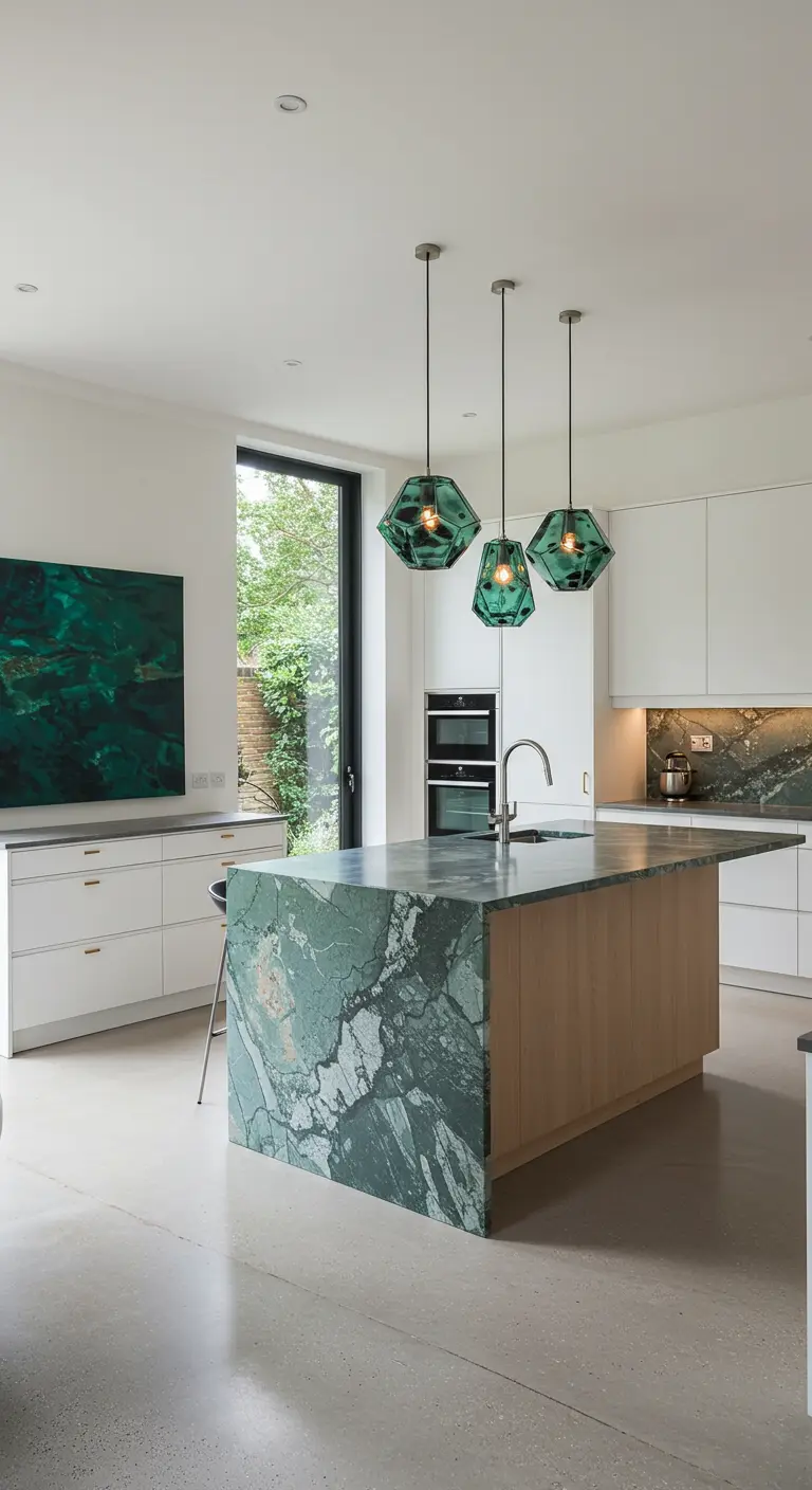 Witte moderne keuken met plafondhoge kasten, marmeren eiland en smaragdgroene hanglampen.