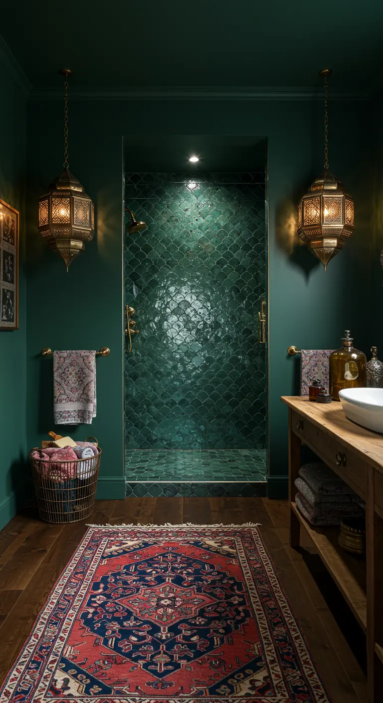 Donkergroene badkamer met smaragdgroene tegels en Marokkaanse lampen.