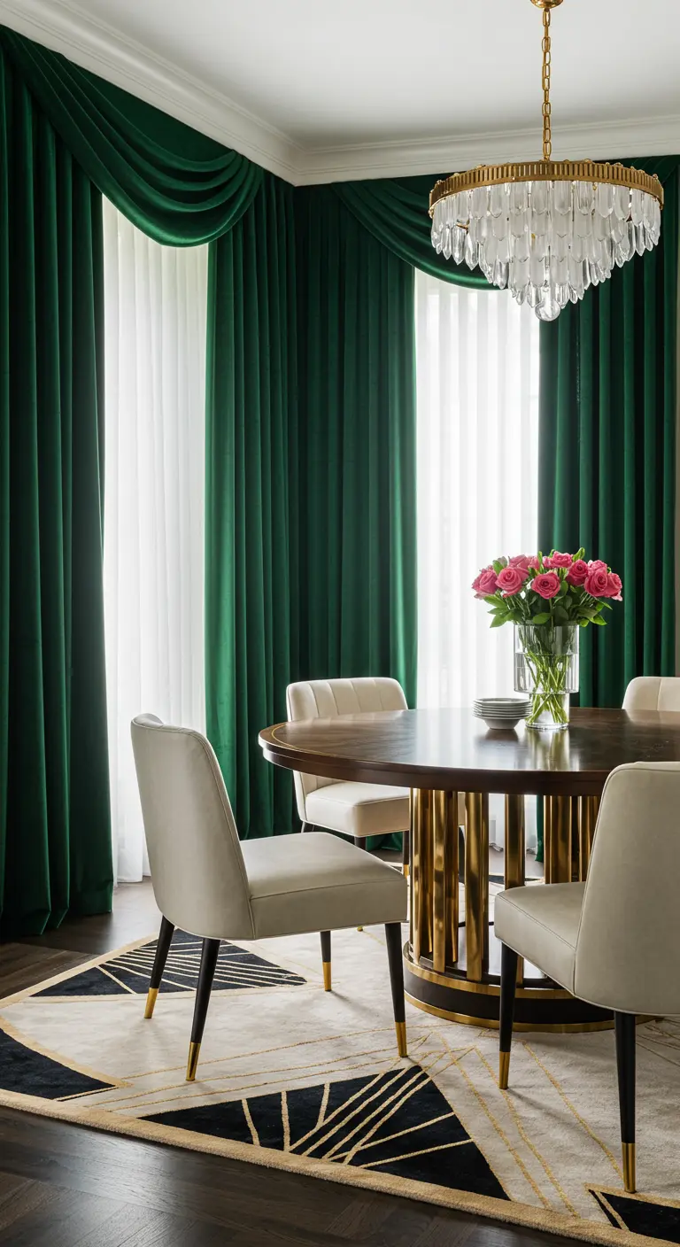 Luxe eetkamer met smaragdgroene fluwelen gordijnen, een kristallen kroonluchter en een grafisch tapijt.