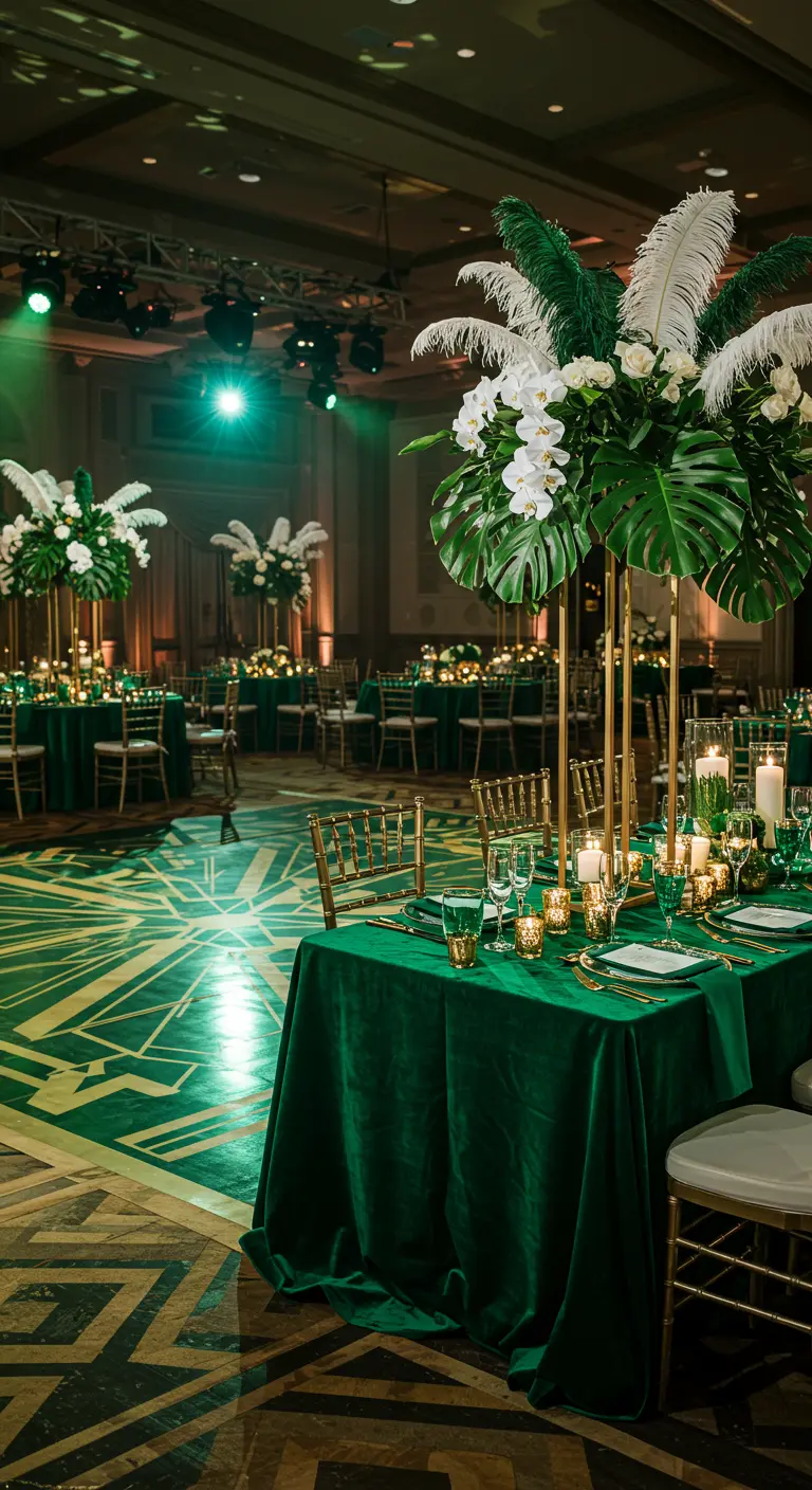 Art-decobruiloft met smaragdgroene velours tafels, gouden stoelen en grote witte bloemstukken.