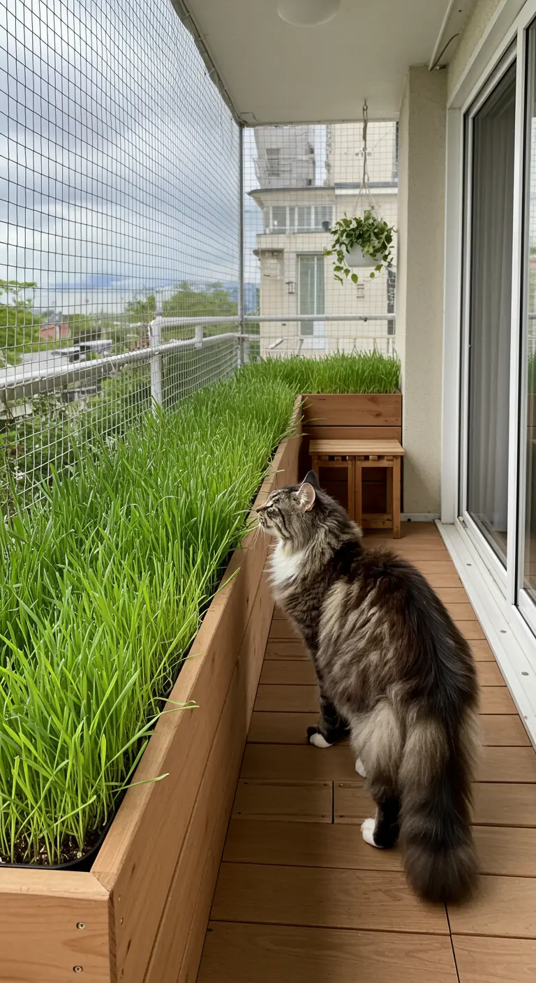 Grote, langharige kat kijkt naar een lange houten bak vol vers kattengras.