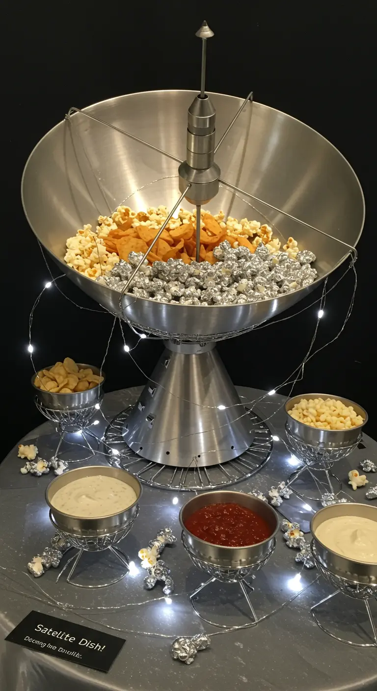 Satellietschotel gevuld met snacks zoals popcorn en chips, met lichtjes eromheen.