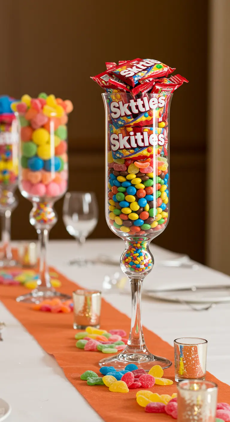 Hoge glazen vaas gevuld met kleurrijke Skittles-snoepjes als tafeldecoratie.
