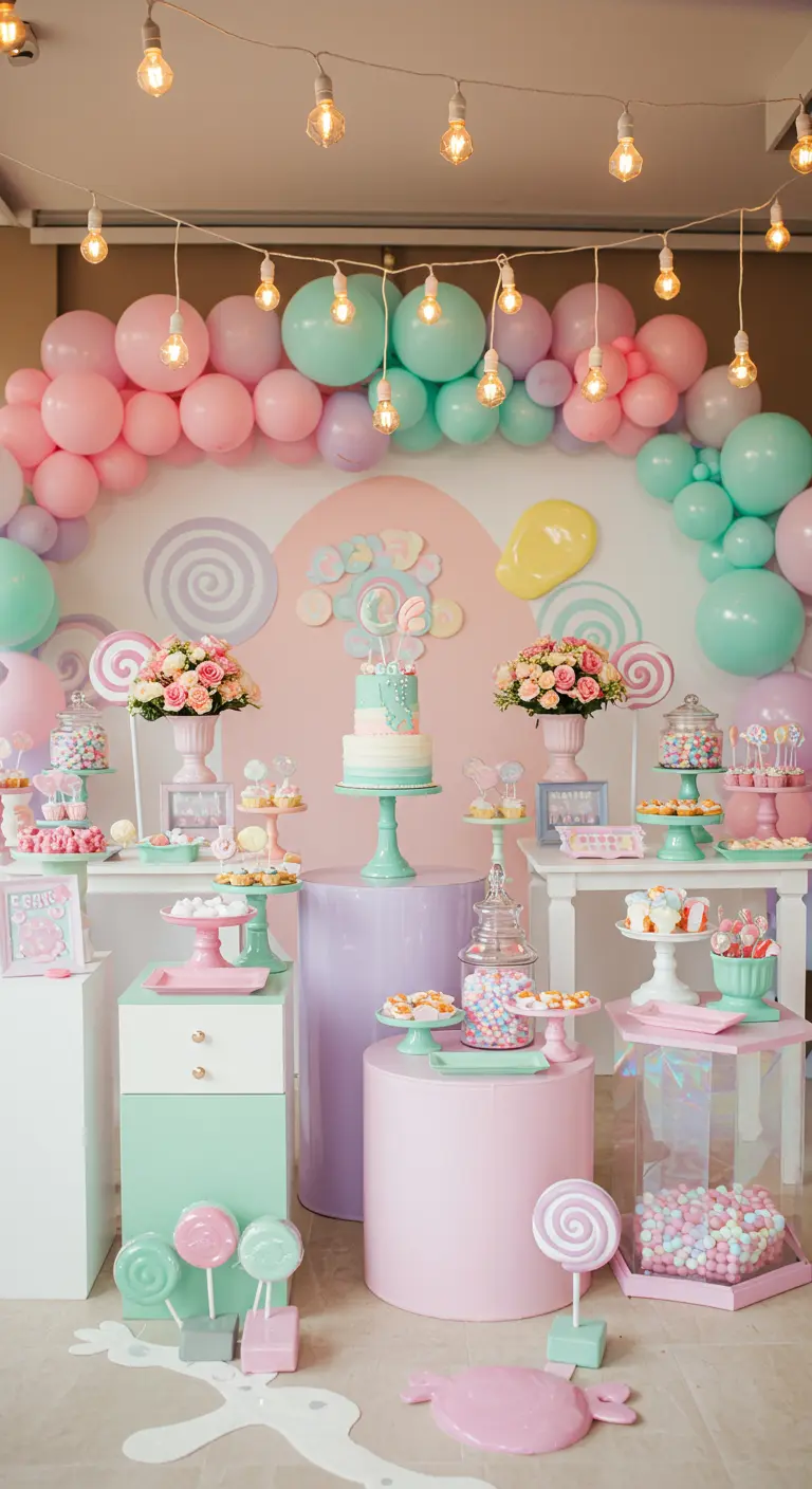 Snoeptafel in pasteltinten met een ballonnenboog, cilindrische sokkels en diverse snoepjes.