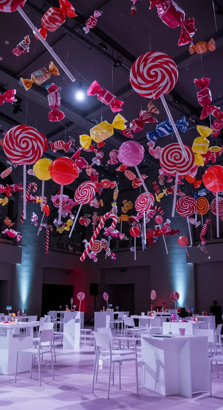 Plafond vol hangende lolly's en snoepjes in diverse kleuren.