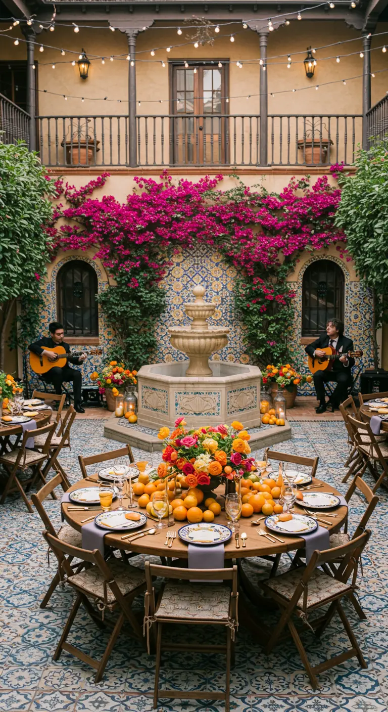 Spaanse patio met fontein, mozaïektegels en een ronde eettafel versierd met sinaasappels.