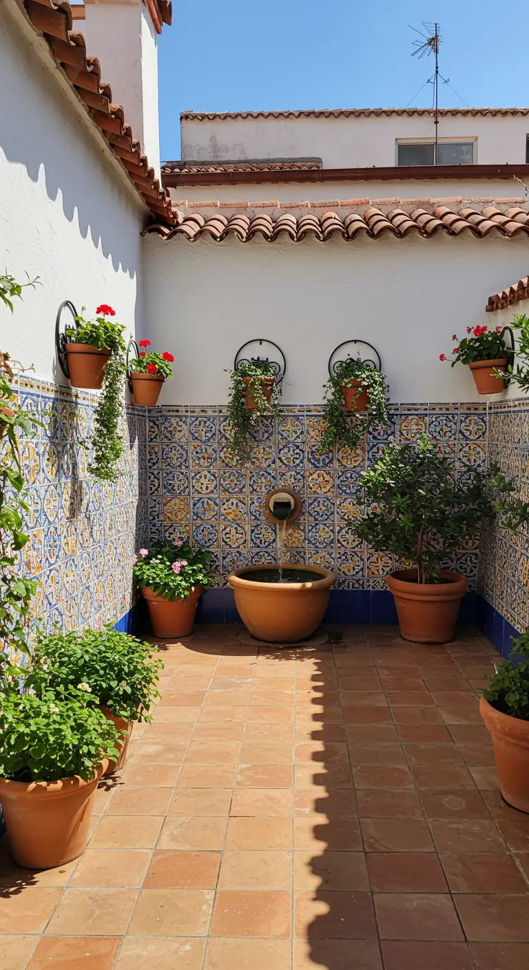 Spaanse patio met kleurrijke mozaïektegels, een fontein en terracotta potten.