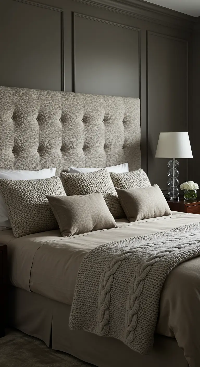 Slaapkamer met een grijs bouclé hoofdbord en gelaagde kussens en plaids met textuur.
