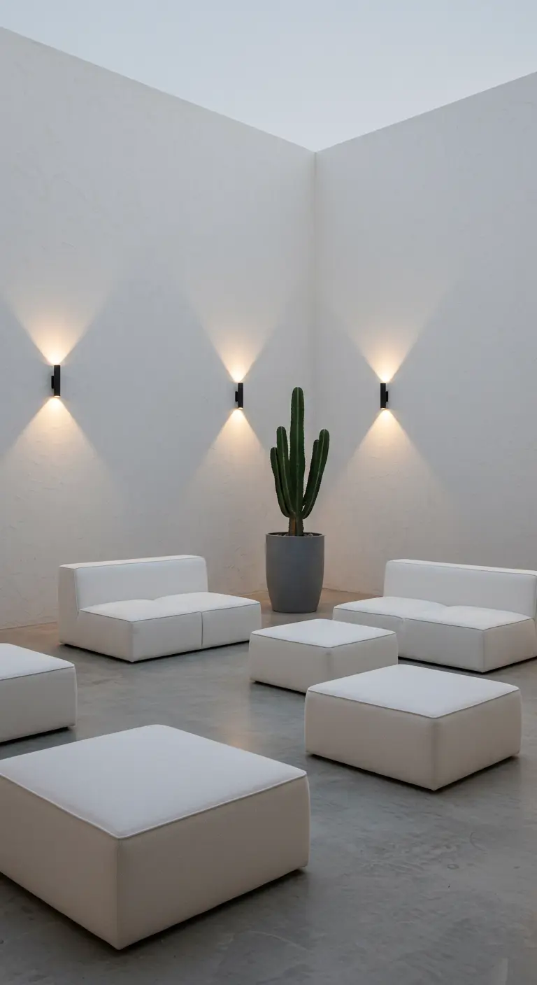 Minimalistische witte patio met modulaire witte banken en een grote cactus in een grijze pot.