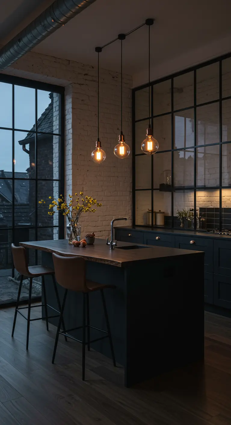 Donkere loftkeuken met hanglampen met filamentbollen en een witgekalkte bakstenen muur.