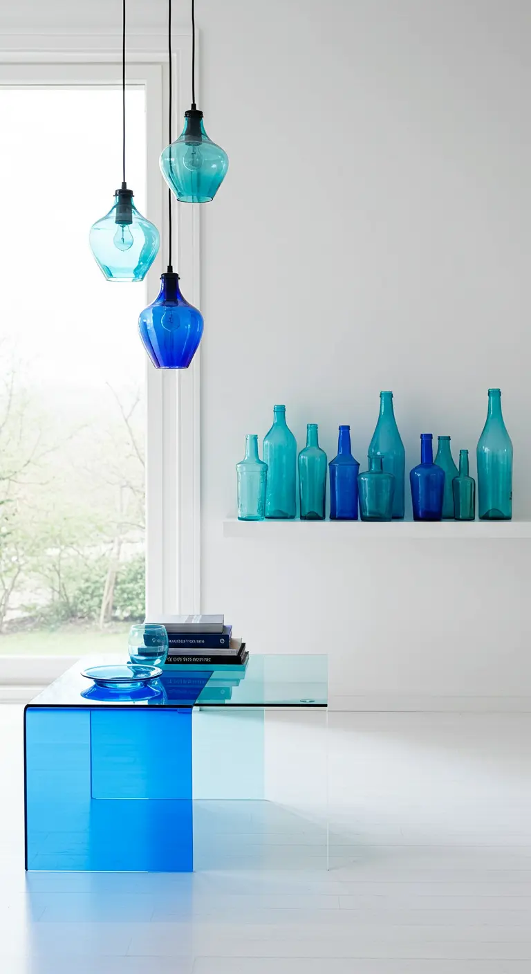 Moderne, lichte ruimte met een salontafel van blauw acryl en blauwe glazen flessen.