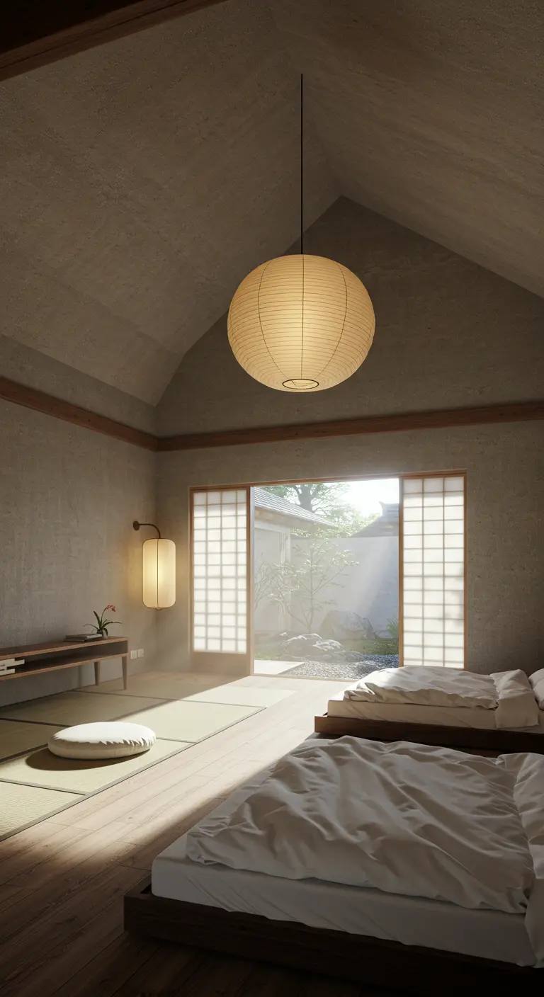 Slaapkamer met betonnen muren, tatami-matten, twee lage bedden en een grote ronde papieren hanglamp.