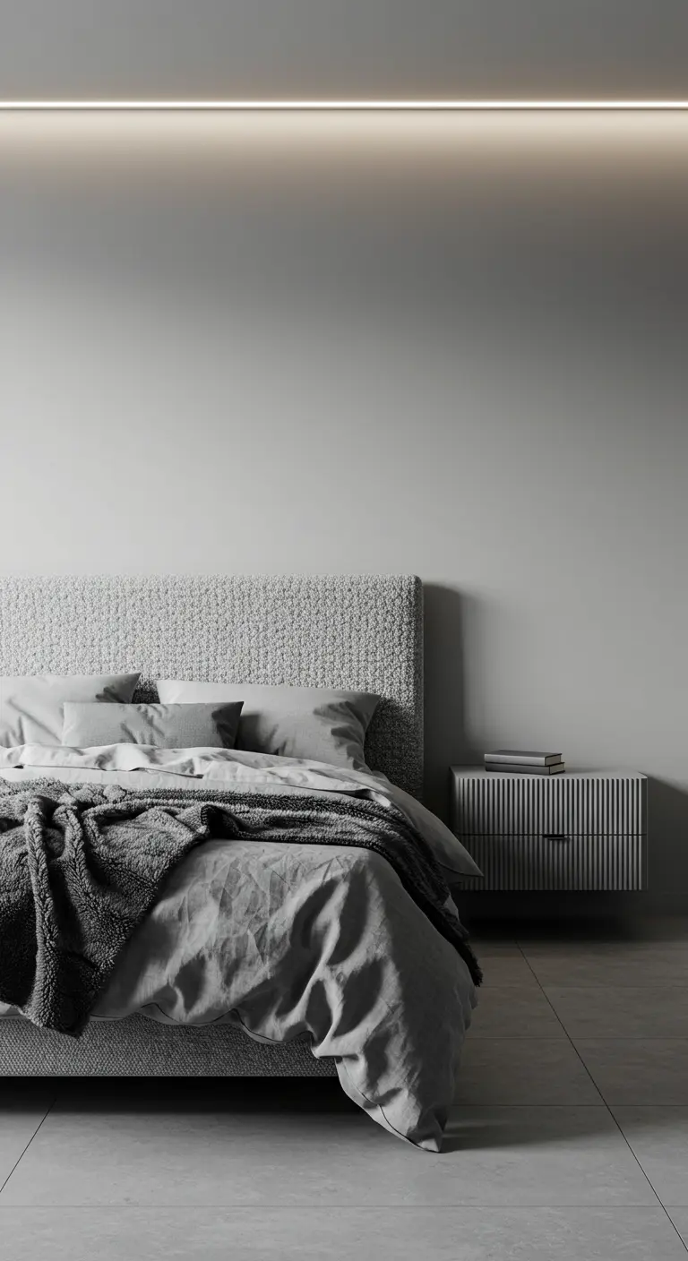 Minimalistische grijze slaapkamer met een bouclé hoofdbord en indirecte ledverlichting aan het plafond.