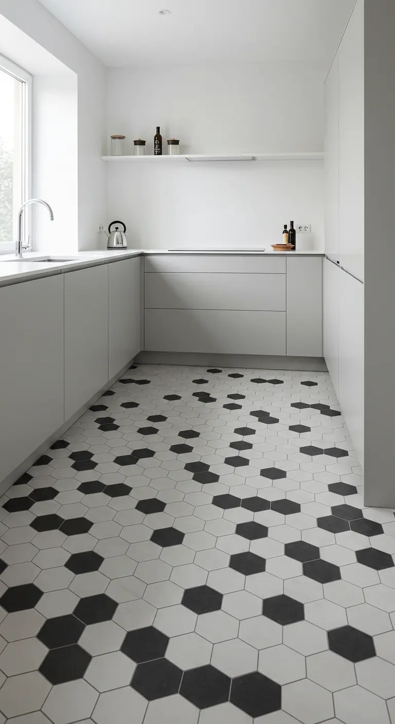 Witte minimalistische keuken met een vloer van witte en zwarte zeshoekige tegels.