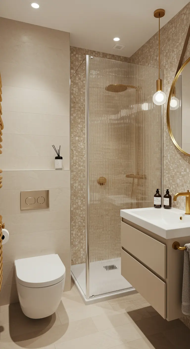 Compacte badkamer met douche met geribbeld glas, ronde spiegel en gouden accenten.