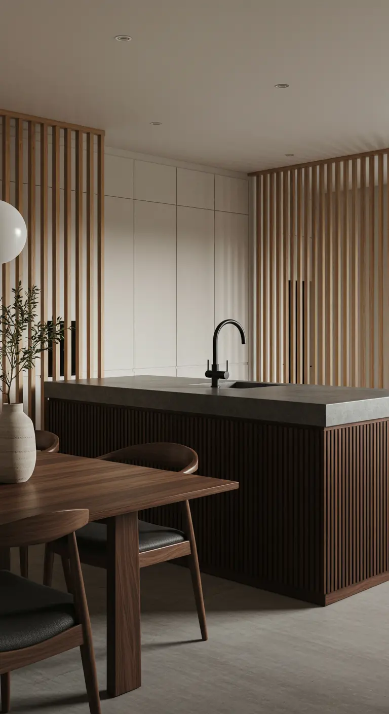 Modern kookeiland met betonnen blad en een basis van donkere houten latten.