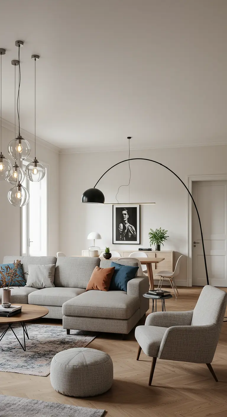 Ruime, moderne woonkamer met een glazen clusterlamp en een grote zwarte booglamp.