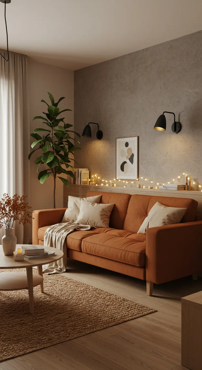 Woonkamer met oranjebruine bank, jute vloerkleed, lichtslingers en kunst aan de muur.
