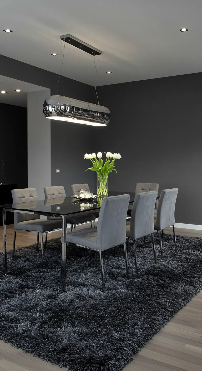 Moderne, donkergrijze eetkamer met een zwarte glazen tafel op een dik, zwart shaggy tapijt.