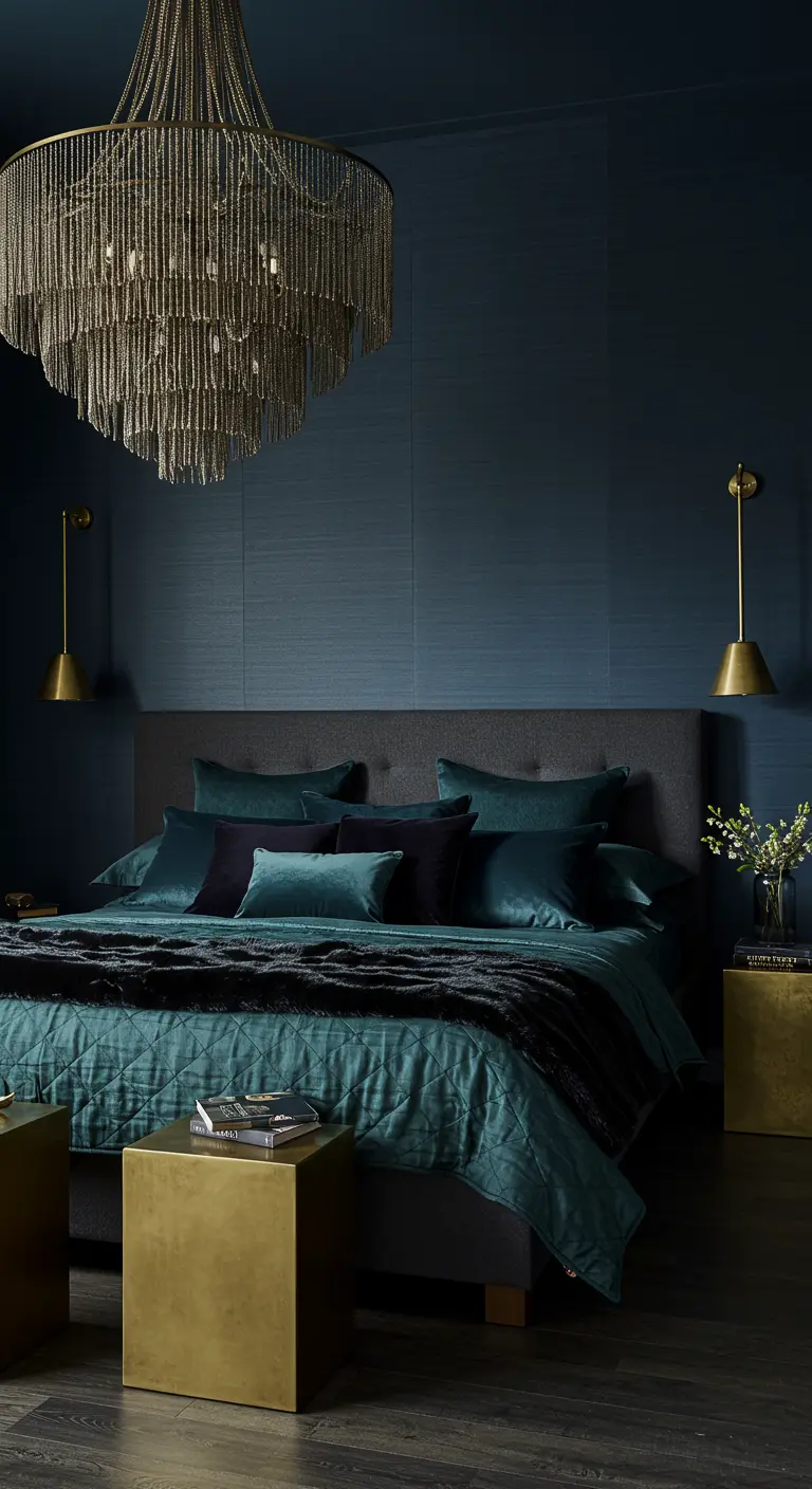 Slaapkamer met donkerblauwe textuurmuren, een grote kralen-kroonluchter en messing nachtkastjes.