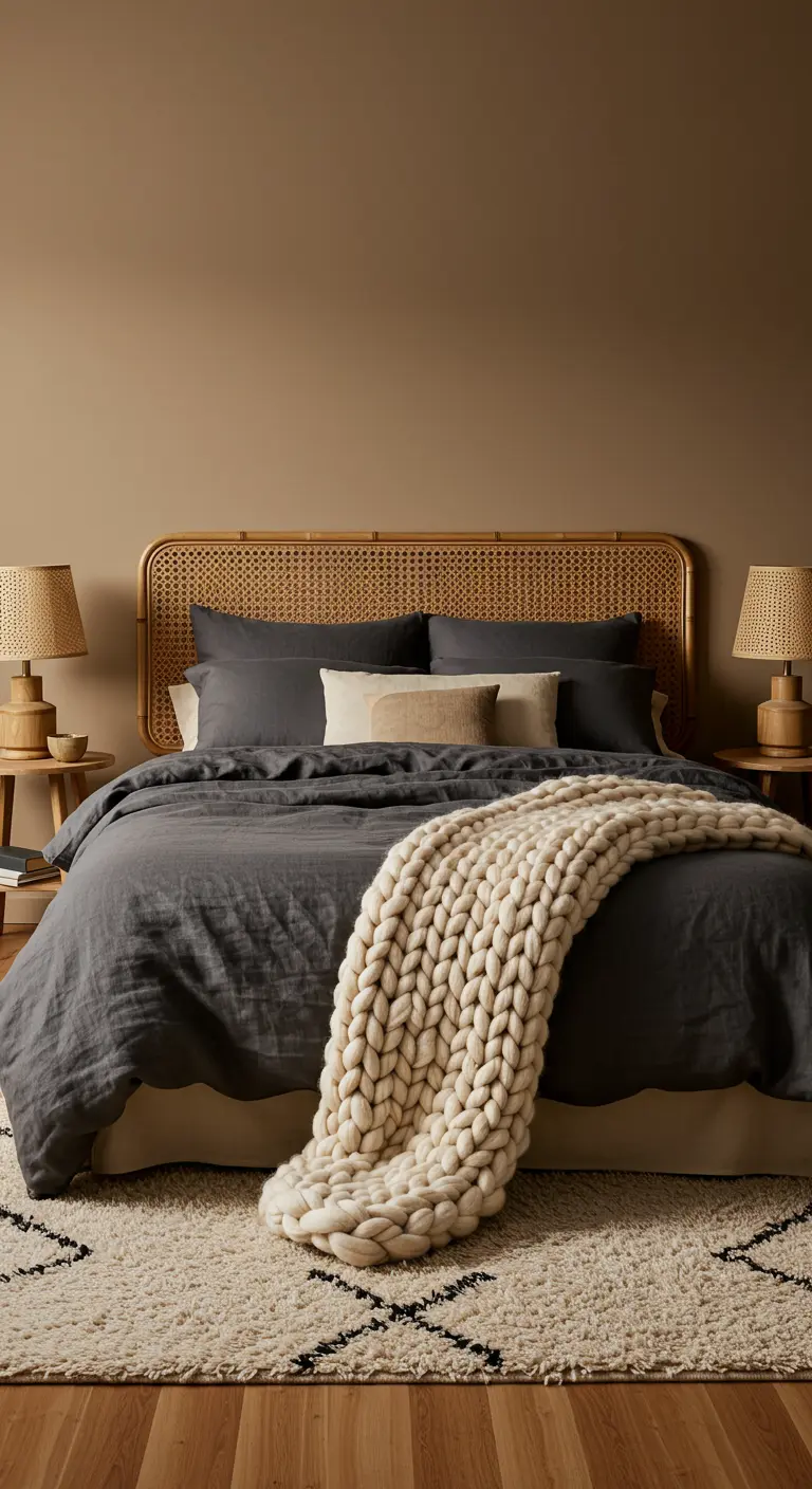 Slaapkamer in aardetinten met een rotan hoofdeinde en een dik gebreid plaid.