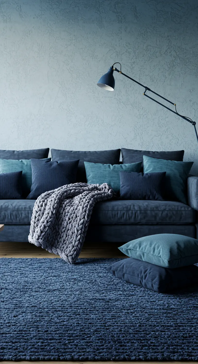Donkerblauwe bank met kussens en een grofgebreid plaid op een blauw tapijt.