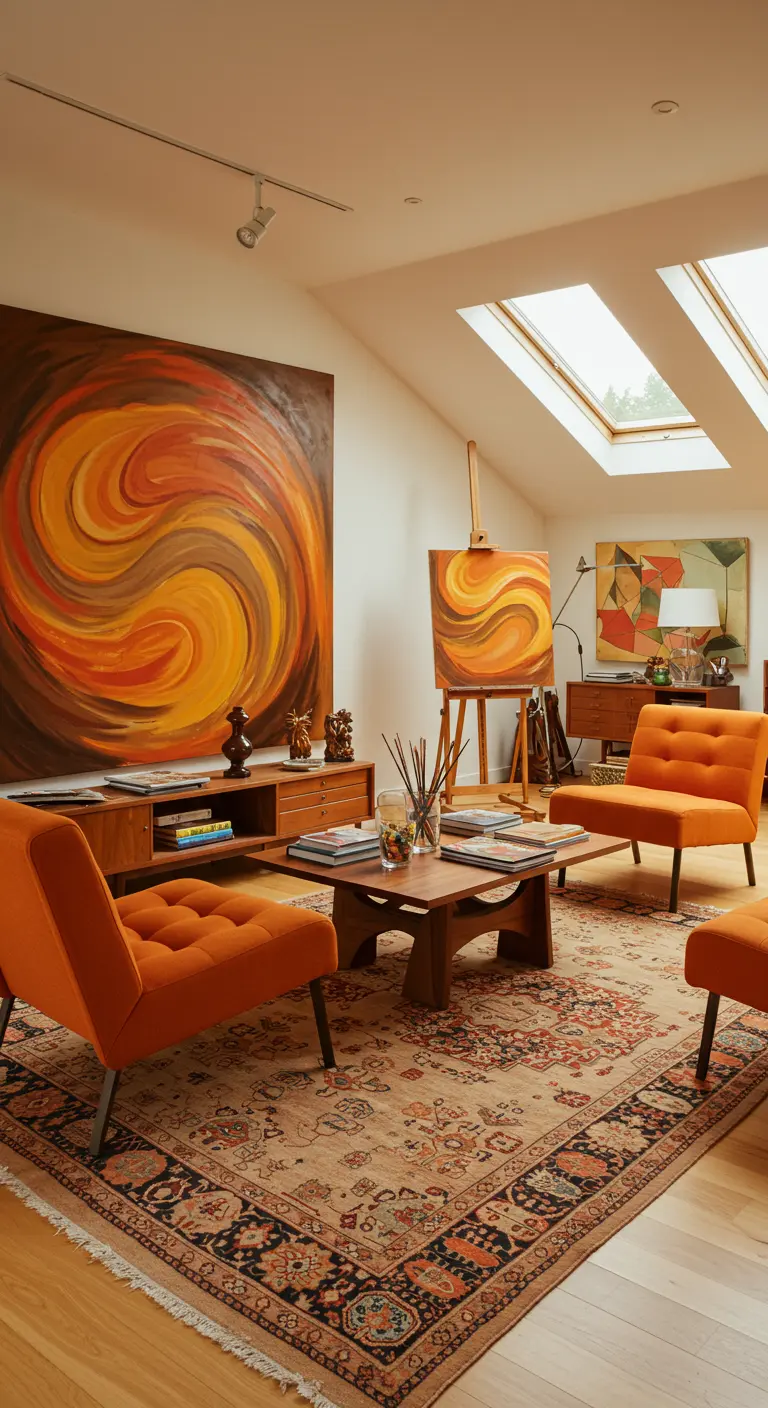 Grote abstracte oranje kunst aan de muur met oranje fauteuils, walnoot dressoir en vintage vloerkleed.