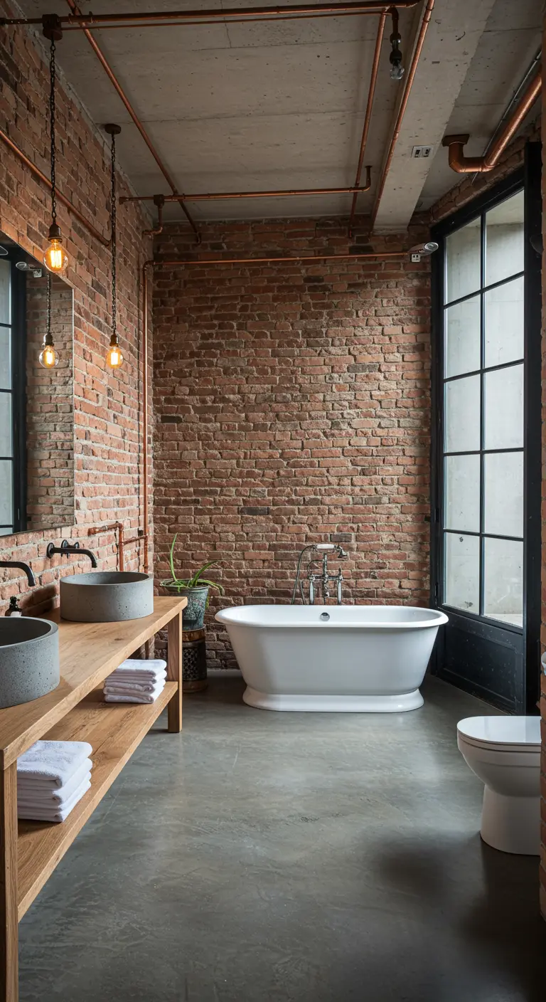 Industriële badkamer met bakstenen muur, koperen leidingen en vrijstaand bad.