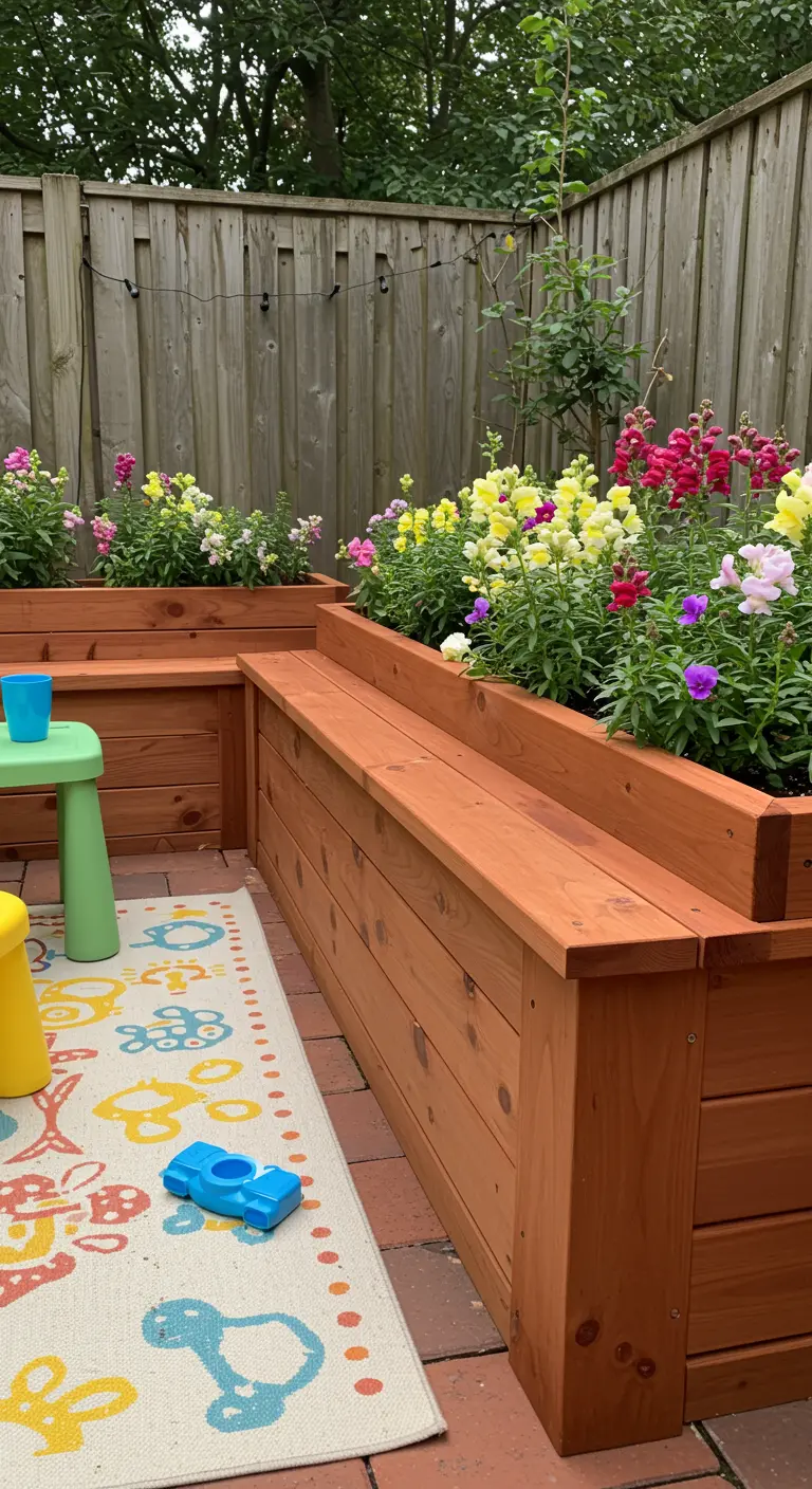 Houten plantenbakken vormen een U-vormige omheining rond een kinderspeelplek met een vrolijk tapijt.