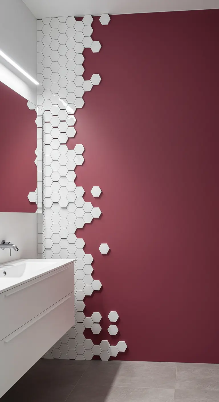 Moderne badkamer met een aubergine muur waarop witte zeshoekige tegels uitwaaieren.