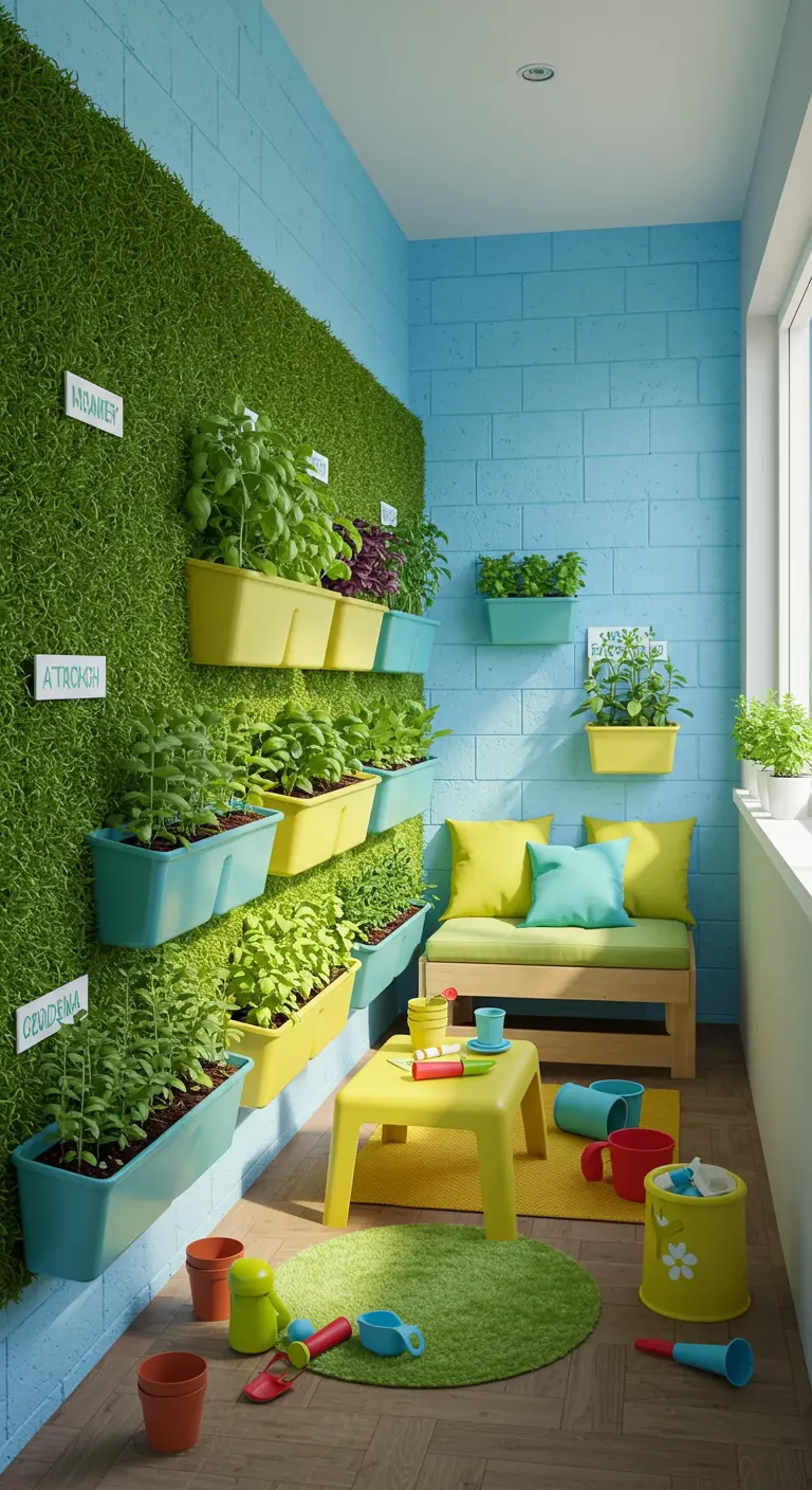 Balkon met een muur bekleed met kunstgras, waar felgroene plantenbakken met kruiden aan hangen.
