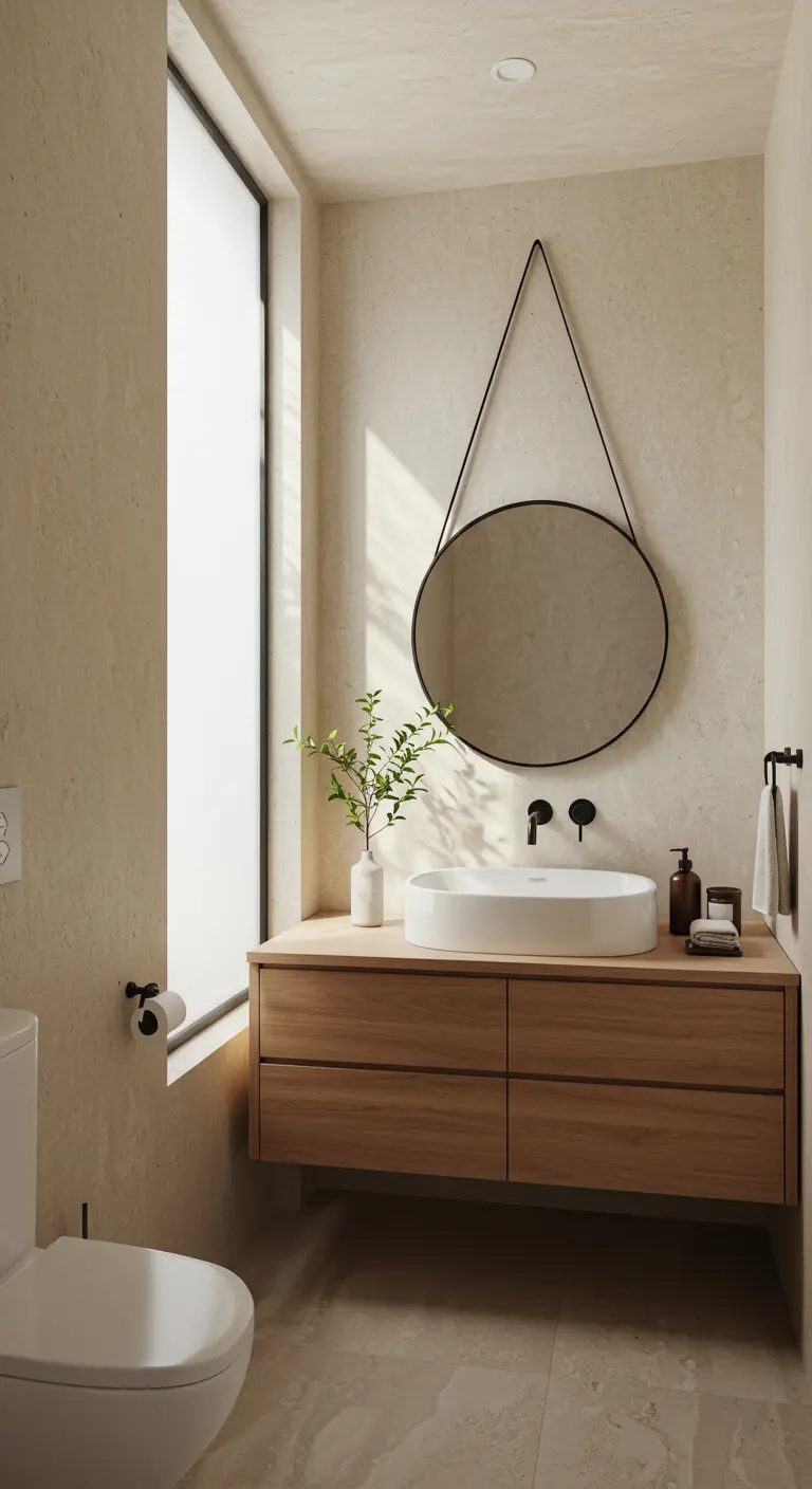 Minimalistische toiletruimte met een ronde spiegel die aan een band hangt naast een smal raam.