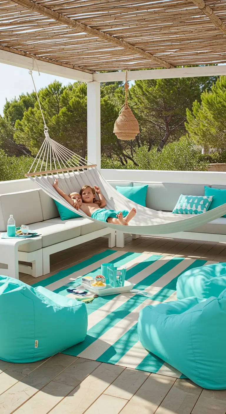 Terras met turquoise zitzakken, een gestreept kleed en kinderen in een hangmat.