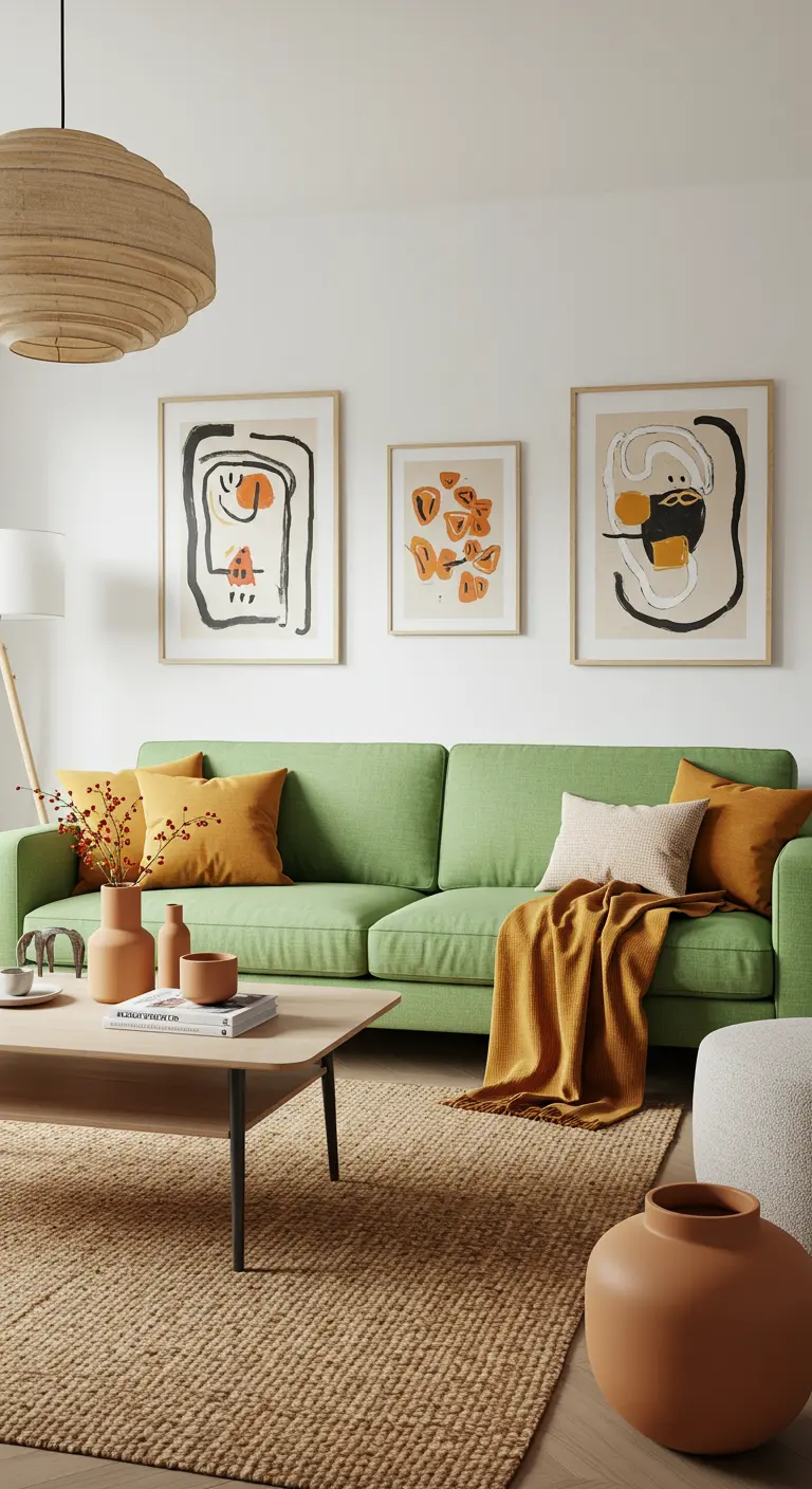 Vrolijke woonkamer met saliegroene bank, amberkleurige kussens en abstracte kunst