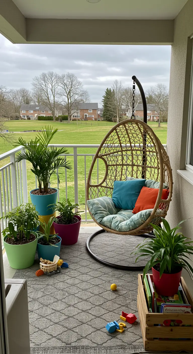 Rotan hangstoel met vrolijke kussens op een kindvriendelijk balkon met gekleurde potten en speelgoed.